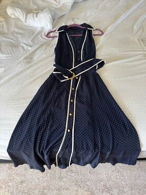 Zara Navy Polka Dot Sleeveless Belted Midi Dress with Cream Trim